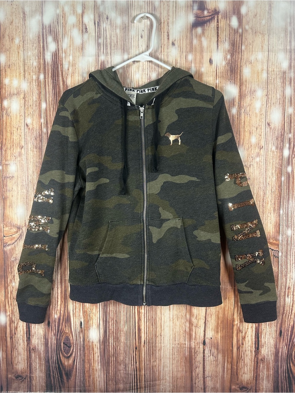 PINK Victoria's Secret Olive Green Camo Zip Hoodie with Sequin Logo Size Medium